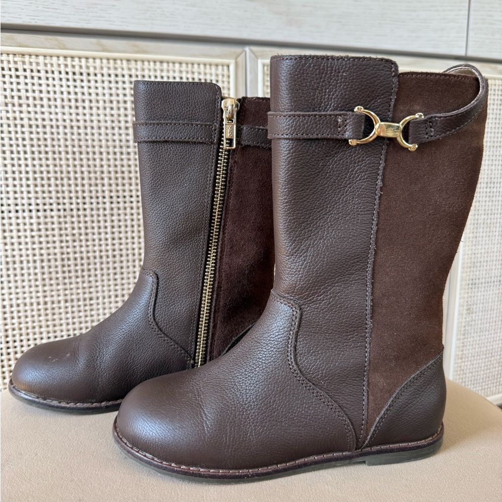 Janie and Jack Dark Brown Genuine Leather and Suede Kids Boots with Gold Buckle